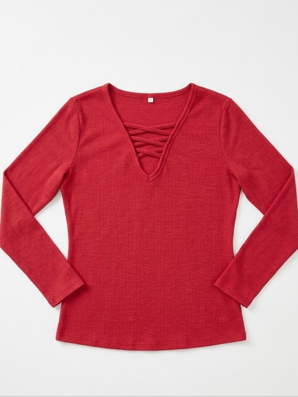 💛Red Crisscross Vneck Ribbed Long Sleeve Top Size 2XL